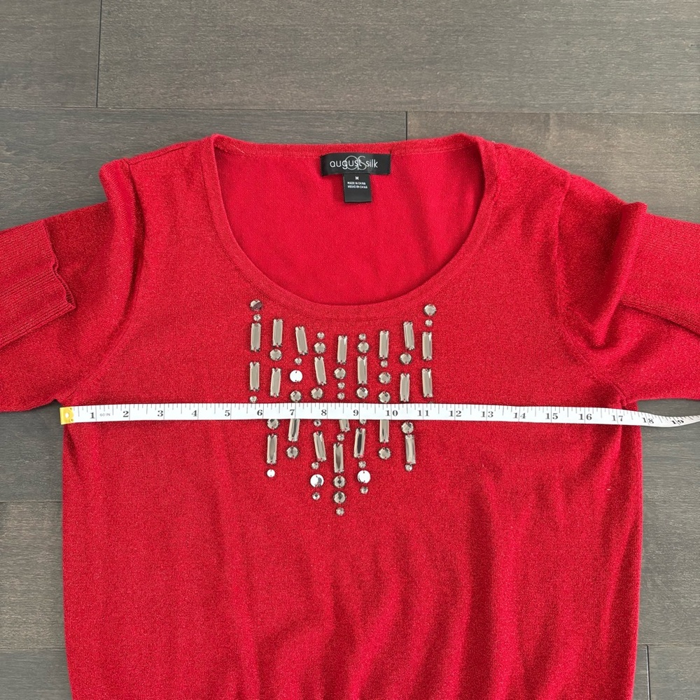 FLAWED August Silk Red Embellished Sparkly Sweater Top 3/4 Sleeves Valentine’s - Picture 10 of 12